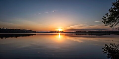 Obraz premium Sunset casting a warm glow over a tranquil lake , sunset, reflection, water, dusk, tranquil, peaceful, nature, beauty, orange