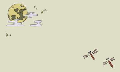 星で彩る、お月見の背景イラスト、とんぼとともに。ペン画風の手描きタッチ。　月にはうさぎの影。 © chockwhooll