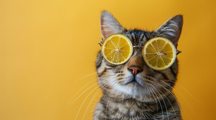 A cute cat wearing sunglasses with lemon slices, perfect for summer vacation vibes and pet accessories promotion.