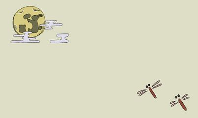 ベージュのお月見の背景イラスト、とんぼとともに。ペン画風の手描きタッチ。　月にはうさぎの影。 © chockwhooll