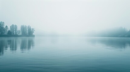 Fototapeta premium A serene misty lake with calm reflections of trees and a tranquil atmosphere, evoking peace and solitude.