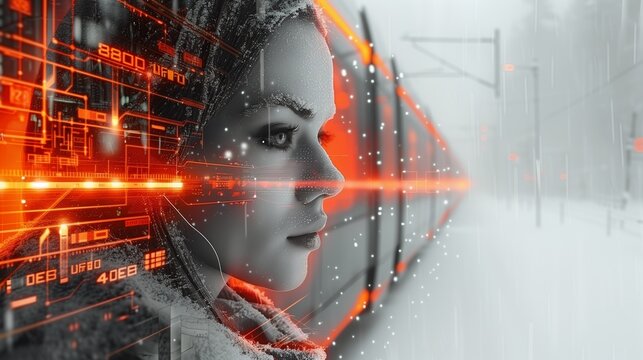 Double exposure robot and futuristic urban transportation hubs, highlighting efficient and modern transit solutions