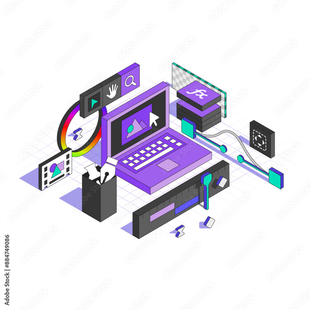Poster minimal interface of the program for motion designers in isometric style. axonometric vector illustr