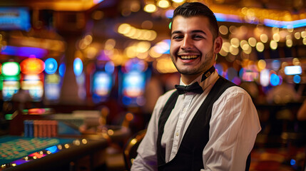 Fototapeta premium Jubilant east asian Casino Host or greeter welcomes the casino player on coming , las vegas, miami, casino concept.
