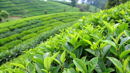 Close up view of a lush tea garden with rows of green tea plants , tea, garden, landscape, close up, plants, farming