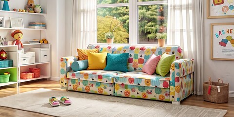 Kid's room featuring a colorful sofa for playtime and relaxation, children's room, sofa, play area, colorful, cozy