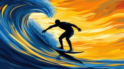 Naklejka premium surfer on surfboard on wave, colorful, thick ,cool,simple, bright pastel colors 