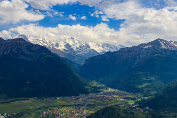 Breathtaking aerial view of Interlaken and Swiss Alps from Harder Kulm viewpoint, Switzerland