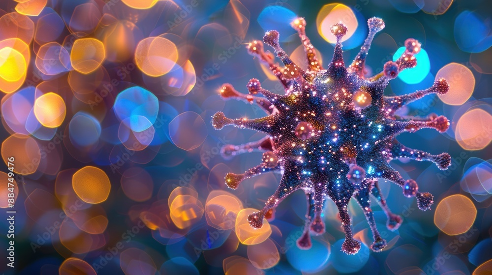 Poster abstract representation of a virus with vibrant colors and bokeh background, resembling a microscopi
