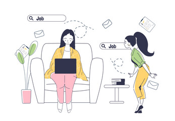 Woman looking for job. Young girl with laptop looks at vacancies. Employee and worker with online earnings. Unemployed people. Linear vector illustration isolated on white background