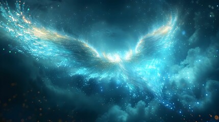 Fototapeta premium Back muscles reimagined as elegant wings made of light, spreading out against a backdrop of a starry sky elegant, wings, and light.