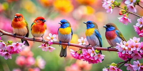 Fototapeta premium Vibrant springtime scene with colorful birds perched on blooming flowers , spring, birds, flowers, vibrant, colorful