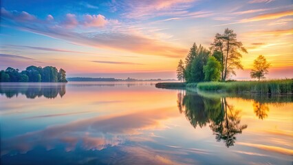 Tranquil landscape at sunrise with soft pastel colors reflecting on calm water, serenity, dawn, tranquil, sunrise, peaceful