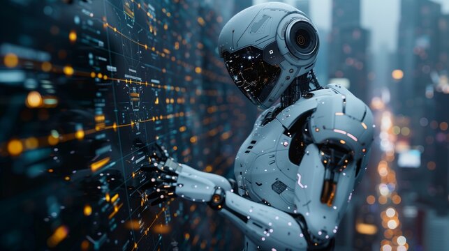 Futuristic robot silhouette intertwined with smart city infrastructure and transportation networks