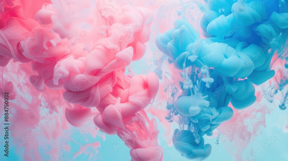 Poster abstract image of pink and blue ink swirling and mixing in water, creating soft, cloud-like shapes a