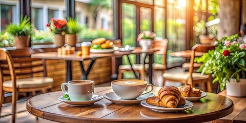 Breakfast with coffee in a cozy cafe setting, morning, meal, coffee cup, plate, food, drink, table, bakery, croissant