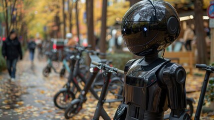Robotic figure blended with electric scooters and bike-sharing systems, highlighting sustainable transportation solutions