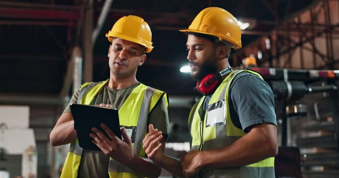 Architecture, men and tablet for discussion in warehouse, collaboration and planning for design development. Team, engineer and digital for floor plan, feedback and construction for project safety