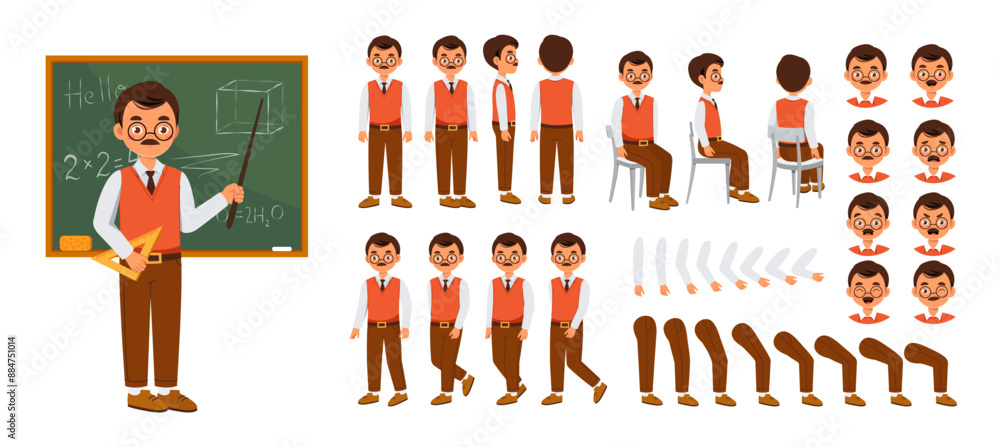 Aufkleber male teacher constructor set. man with pointer near chalkboard. guy in different poses and angle of 
