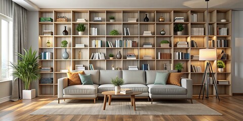 Modern living room with stylish book shelves and comfortable couch, modern, living room, interior, book shelves