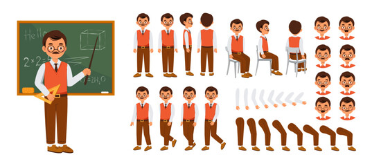 Male teacher constructor set. Man with pointer near chalkboard. Guy in different poses and angle of views. Pack of legs, arms and heads to create animation. Lesson and lecture. Flat vector collection