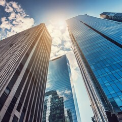 Impressive Urban View of a Skyscraper from Below with Reflections of Blue Sky &ndash; High Resolution/地上から見上げた超高層ビルと青空が映り込む迫力ある都市風景 &ndash; 高解像度