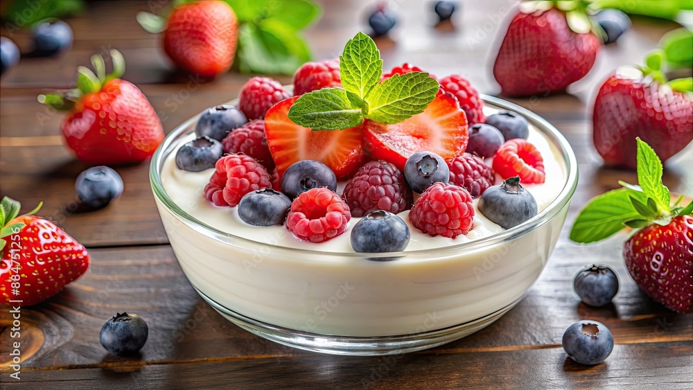 Sticker Close-up of a creamy milk dessert topped with fresh berries, sweet, delicious, treat, dessert, milk, creamy, fresh, berries