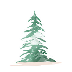 Green watercolor decorative christmas tree with snow vector illustration. 