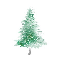 Green watercolor decorative christmas tree with snow vector illustration. 