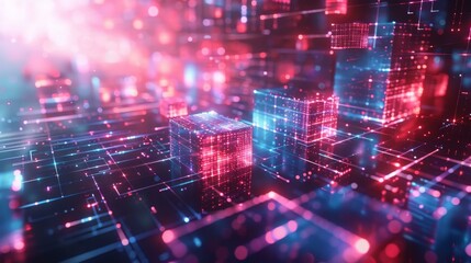 Obraz premium Digital Cubescape: Glowing Grid