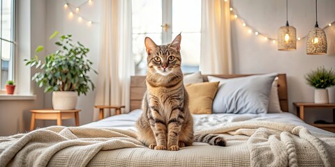 Cat sitting on bed in cozy bedroom interior, cat, bedroom, cozy, interior, home, comfort, pet, animal, fluffy, domestic, relax