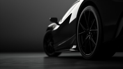 Close-up of a sleek, black luxury sports car wheel and body, showcasing elegant design and high-performance features in a dark setting.