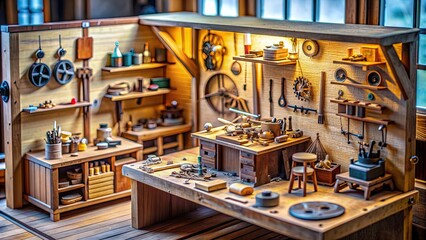 Intricately designed miniature workshop with tiny tools and gears, miniature, workshop, gears, small, tools, detailed