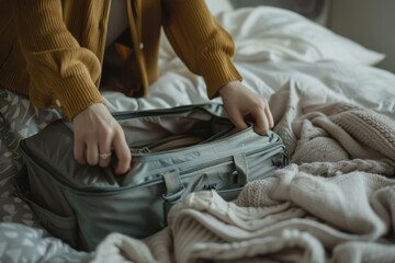 Fototapeta premium Closeup of hands organizing clothing into a travel bag on a cozy bedroom bed