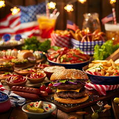 A classic American 4th of July picnic scene, complete with a delicious BBQ spread and patriotic decorations.