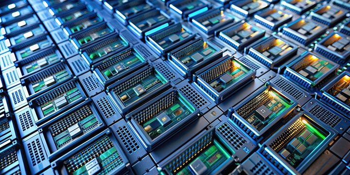 Close-up view of multiple processors in a distributed computing system, distributed computing, technology