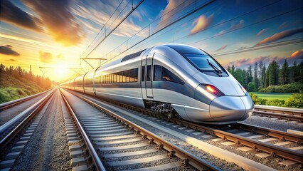 Naklejka premium Modern high-speed train traveling on railway tracks, transportation, speed, technology, locomotive