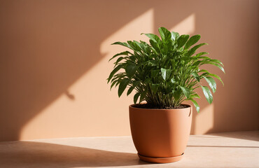 Fototapeta premium beautiful pot of plant in front of pastel brown background sunny lighting