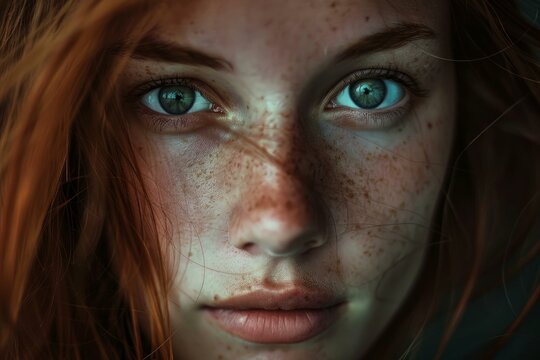 Closeup portrait of a young woman with red hair, freckles, and striking blue eyes