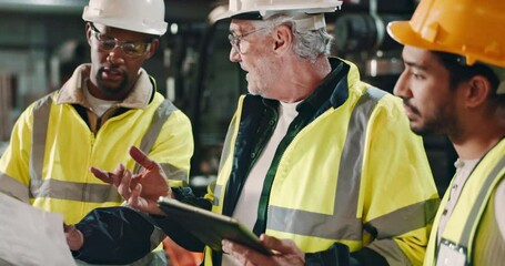 Architecture, tablet and men with blueprint, civil engineering and cooperation for warehouse schedule. Industrial, teamwork or group with technology, safety and planning for project, meeting or app - Powered by Adobe