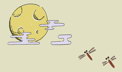 ベージュのお月見の背景イラスト、とんぼとともに。ペン画風の手描きタッチ。 © chockwhooll