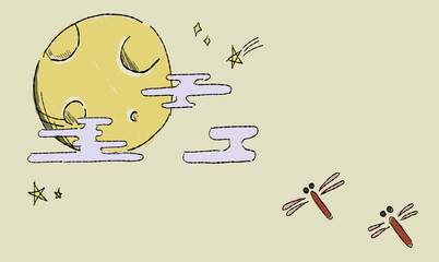 星で彩る、お月見の背景イラスト、とんぼとともに。ペン画風の手描きタッチ。