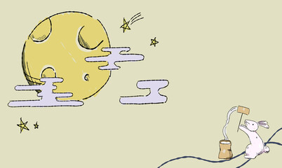 Fototapeta premium 星で彩る、お月見の背景イラスト、餅を搗くうさぎとともに。ペン画風の手描きタッチ。 模様付き。
