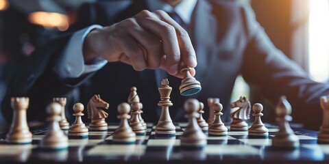 Cinematic Chess Scene Depicting Men Engaged in a Strategic Match with Focused Expressions, Tense Atmosphere, and a Hand Making a Bold Move