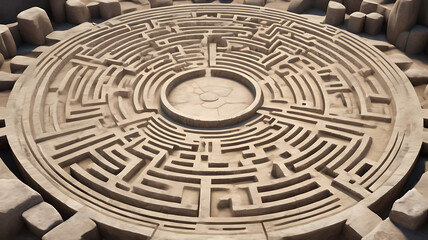An ancient stone labyrinth with intricate patterns and textures, capturing the essence of historical craftsmanship