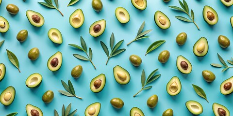 Avocado pattern on a pastel blue background with summer vibes, featuring olives , Avocado, pattern, pastel blue, summer vibes