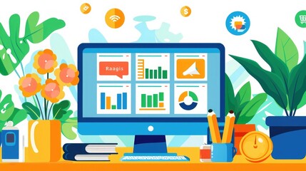 Colorful graphic data displayed on computer screen with plants surrounding, showing growth and analysis charts.