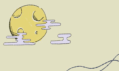 ベージュのお月見の背景イラスト。ペン画風の手描きタッチ。模様付き。