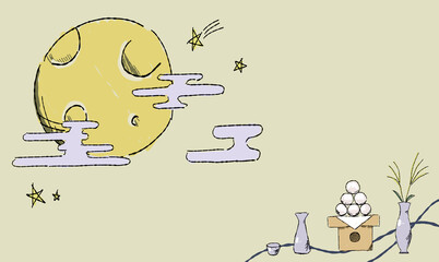 星で彩る、お月見の背景イラスト、月見団子とともに。ペン画風の手描きタッチ。　模様付き。