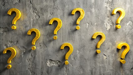 Yellow question marks against a gray wall , uncertainty, confusion, problem, solution, mystery, unknown, ask, query, information